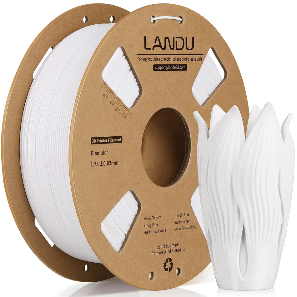 LANDU White Rapid PETG 3D printer filament 1kg spool displayed next to an elegant 3D printed flower vase.