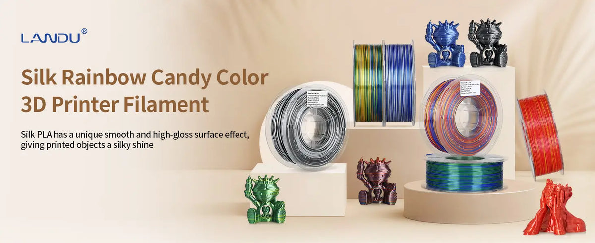 LANDU Silk Rainbow Candy Color PLA 3D printer filament transparent spools alongside glossy printed models demonstrating a silky shine.