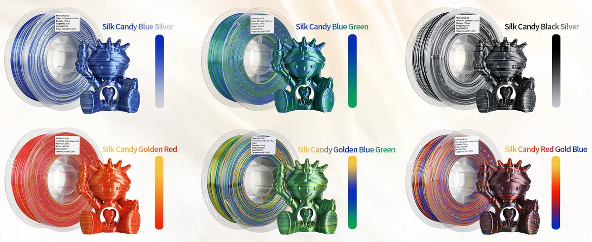 Six variations of LANDU Silk Candy Color PLA filament including Blue Silver and Golden Red displayed with 3D printed figures.