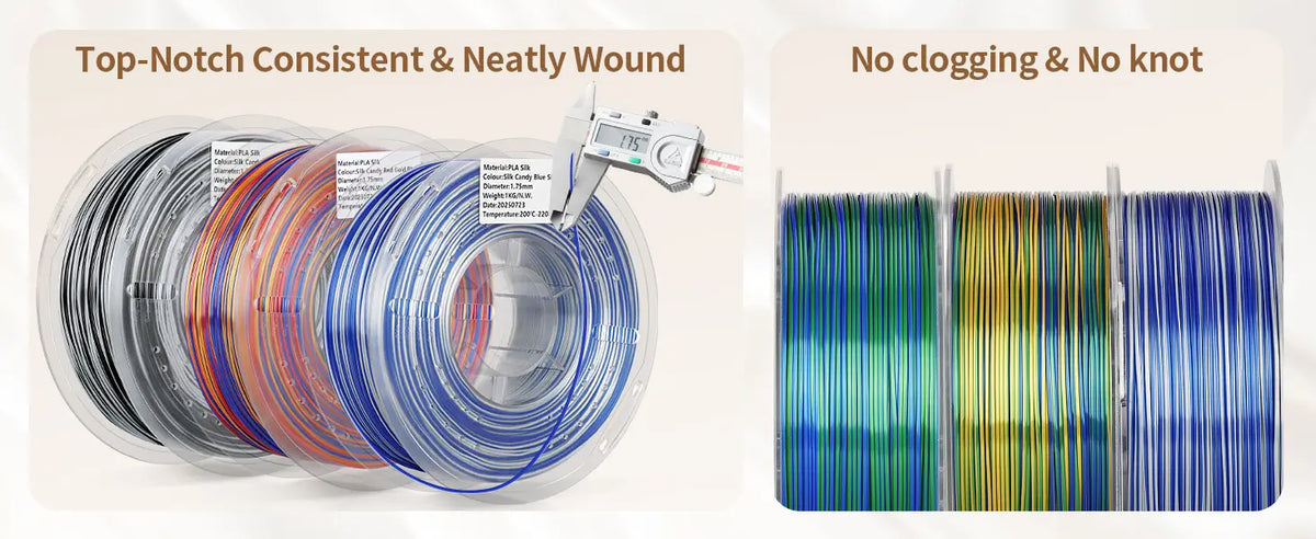 Neatly wound transparent spools of LANDU Silk Candy PLA filament measured with a digital caliper showing precise 1.75mm diameter to prevent clogging.