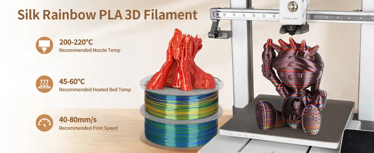 Bambu Lab 3D printer producing a colorful figure using LANDU Silk Rainbow PLA with recommended nozzle temperature and print speed settings.