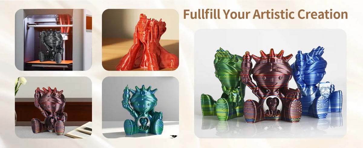 Gallery of artistic 3D printed models including colorful glossy figures showcasing the creative potential of LANDU Silk Candy PLA filament.
