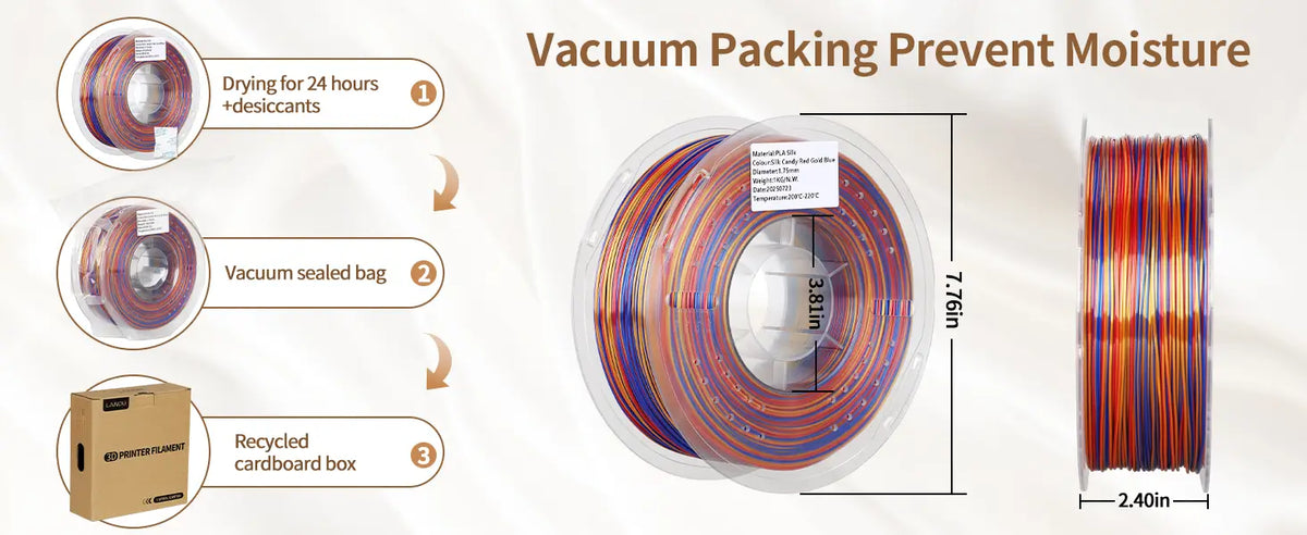 Moisture preventing vacuum packaging process for LANDU Silk Candy PLA filament showing transparent spool dimensions and a recycled cardboard box.