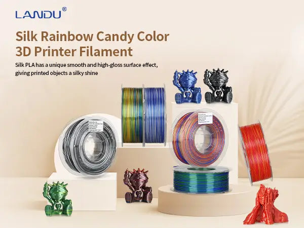 LANDU Silk Rainbow Candy Color PLA 3D printer filament transparent spools alongside glossy printed models demonstrating a silky shine.