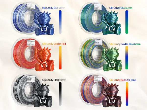 Six variations of LANDU Silk Candy Color PLA filament including Blue Silver and Golden Red displayed with 3D printed figures.