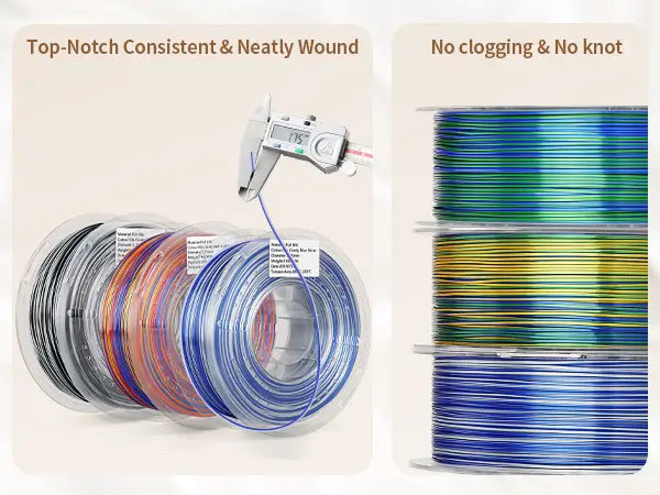 Neatly wound transparent spools of LANDU Silk Candy PLA filament measured with a digital caliper showing precise 1.75mm diameter to prevent clogging.