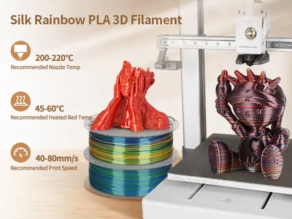 Bambu Lab 3D printer producing a colorful figure using LANDU Silk Rainbow PLA with recommended nozzle temperature and print speed settings.