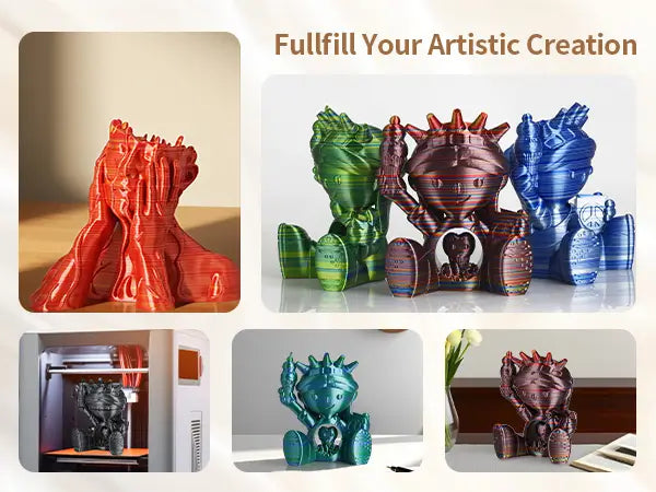 Gallery of artistic 3D printed models including colorful glossy figures showcasing the creative potential of LANDU Silk Candy PLA filament.