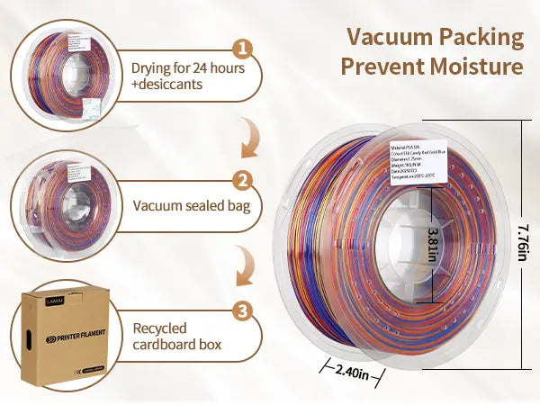 Moisture preventing vacuum packaging process for LANDU Silk Candy PLA filament showing transparent spool dimensions and a recycled cardboard box.