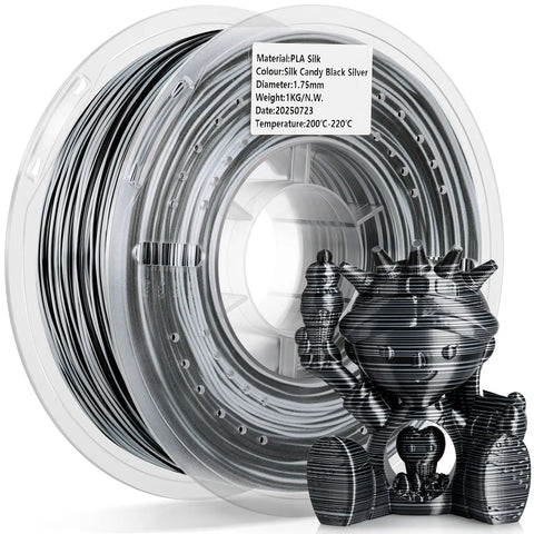 LANDU Silk Candy Black Silver PLA 3D printer filament 1kg transparent spool displayed with a glossy multicolor printed figure.