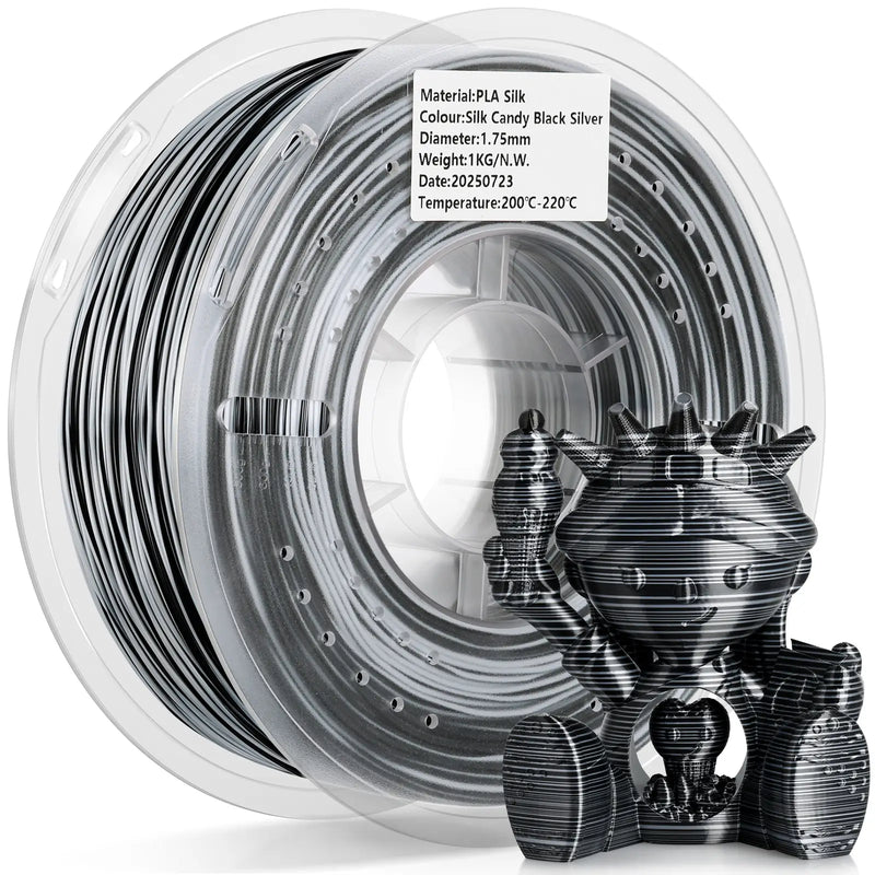 LANDU Silk Candy Black Silver PLA 3D printer filament 1kg transparent spool displayed with a glossy multicolor printed figure.