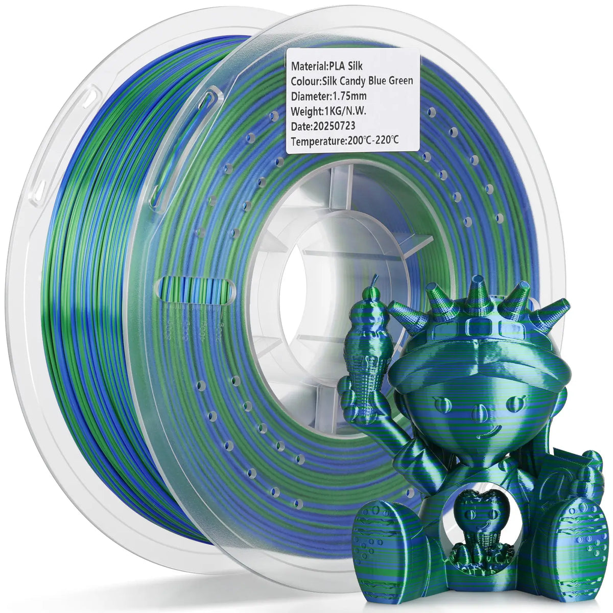LANDU Silk Candy Blue Green PLA 3D printer filament 1kg transparent spool displayed with a glossy multicolor printed figure.