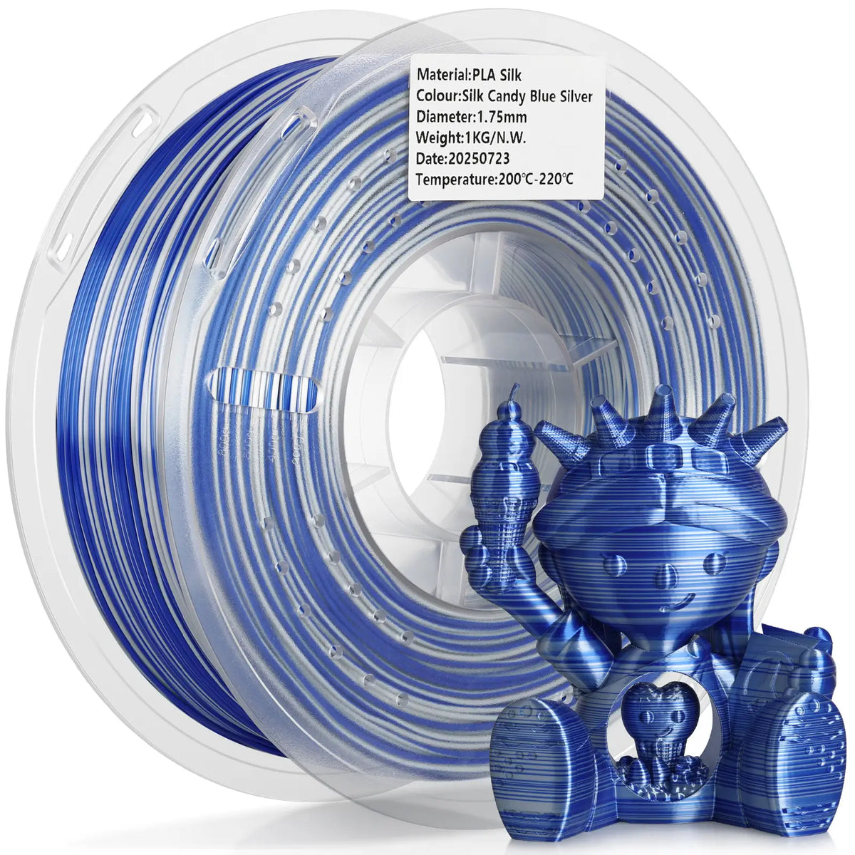 LANDU Silk Candy Blue Silver PLA 3D printer filament 1kg transparent spool paired with a shiny multicolor printed character model.