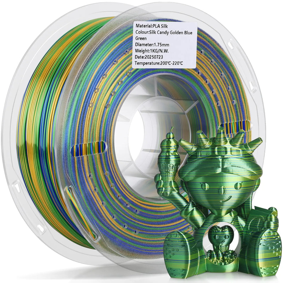 LANDU Silk Candy Golden Blue Green PLA 3D printer filament 1kg transparent spool paired with a glossy multicolor printed figure.