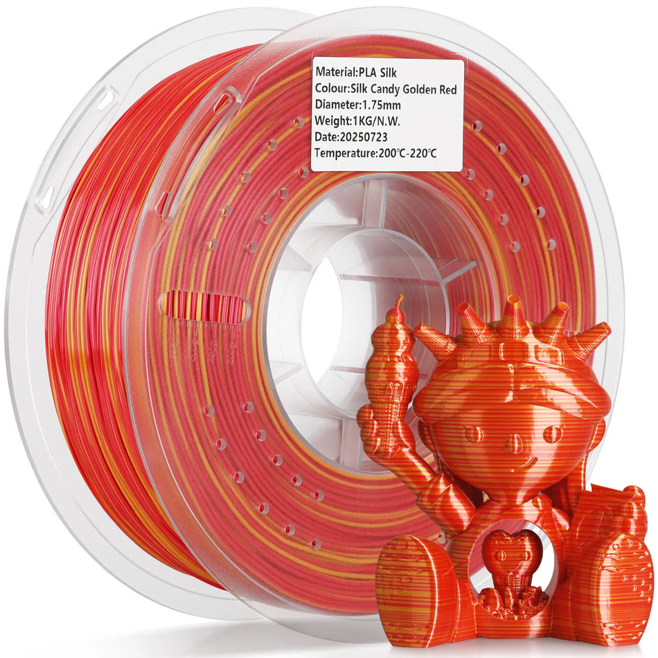 LANDU Silk Candy Golden Red PLA 3D printer filament 1kg transparent spool displayed alongside a vibrant multicolored printed character model.