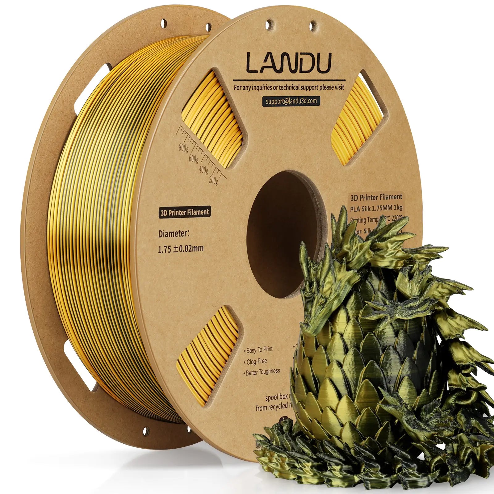LANDU Gold and Black Dual Color Silk PLA 3D printer filament 1kg spool next to a premium 3D printed color shifting dragon and egg.
