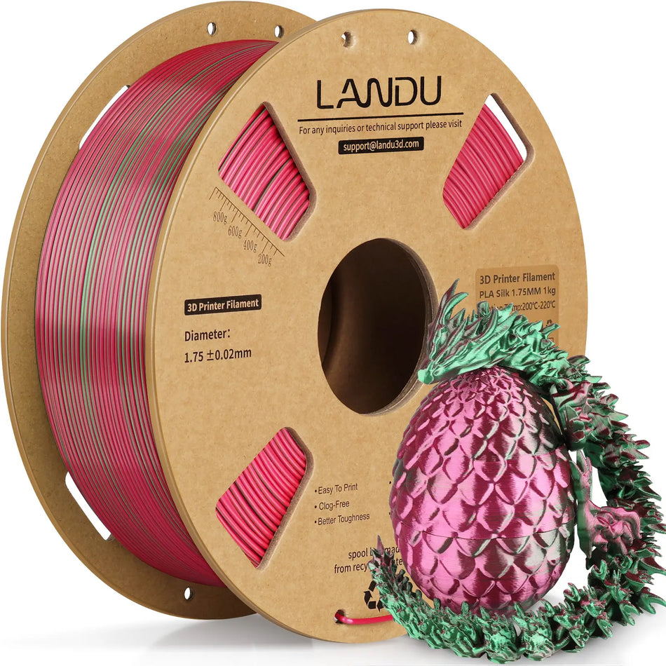LANDU Red and Green Dual Color Silk PLA 3D printer filament 1kg spool featured with a striking 3D printed color shifting dragon and egg.