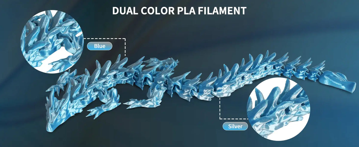 Close-up of a 3D printed articulated dragon highlighting the unique color-shifting effect of LANDU Blue and Silver Dual Color Silk PLA filament.