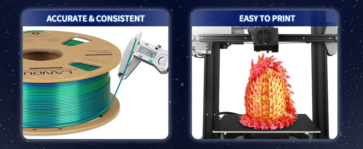 Digital caliper confirming 1.75mm accuracy of LANDU Dual Color Silk PLA filament alongside a 3D printer smoothly producing a dragon egg.