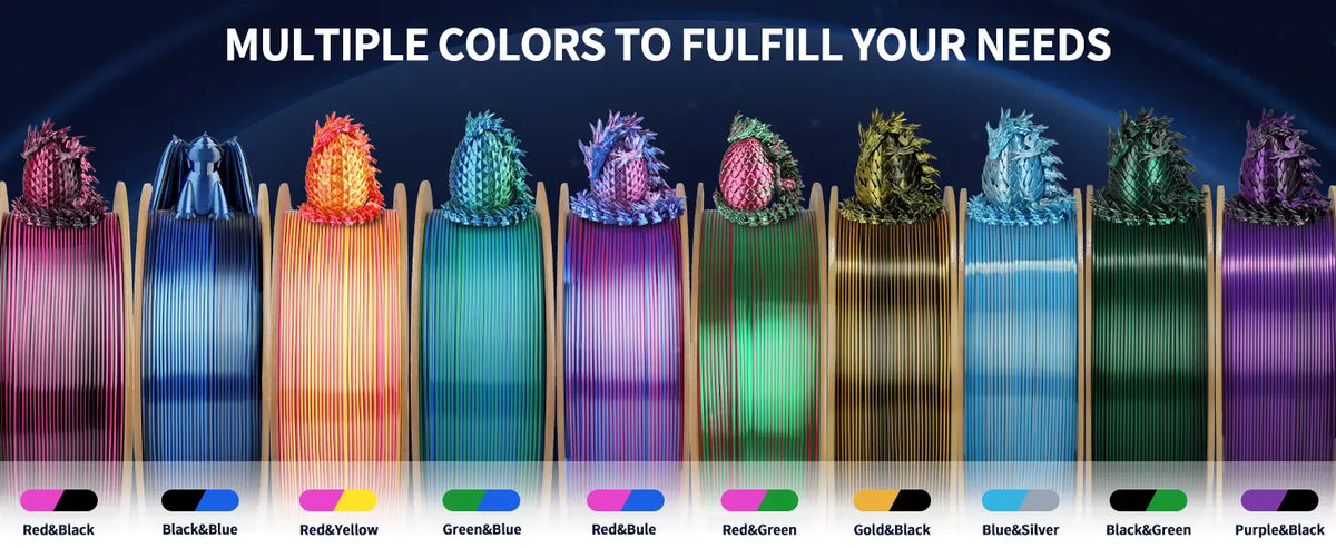 A wide selection of LANDU Dual Color Silk PLA filament spools featuring unique combinations like red and black for creative 3D printing.