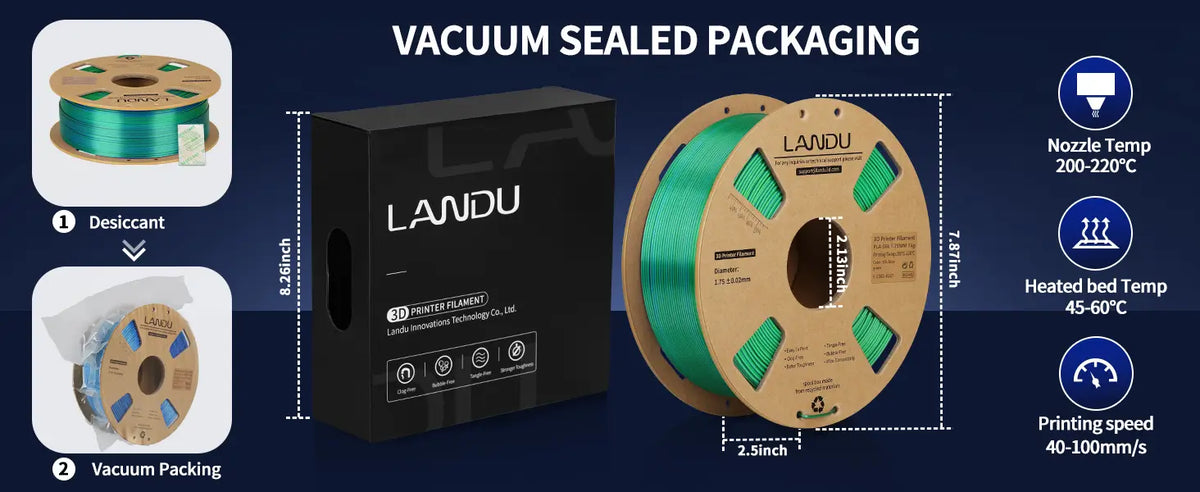 Premium vacuum sealed packaging of LANDU Dual Color Silk PLA filament including a branded black box, desiccant, and recommended 3D print settings.