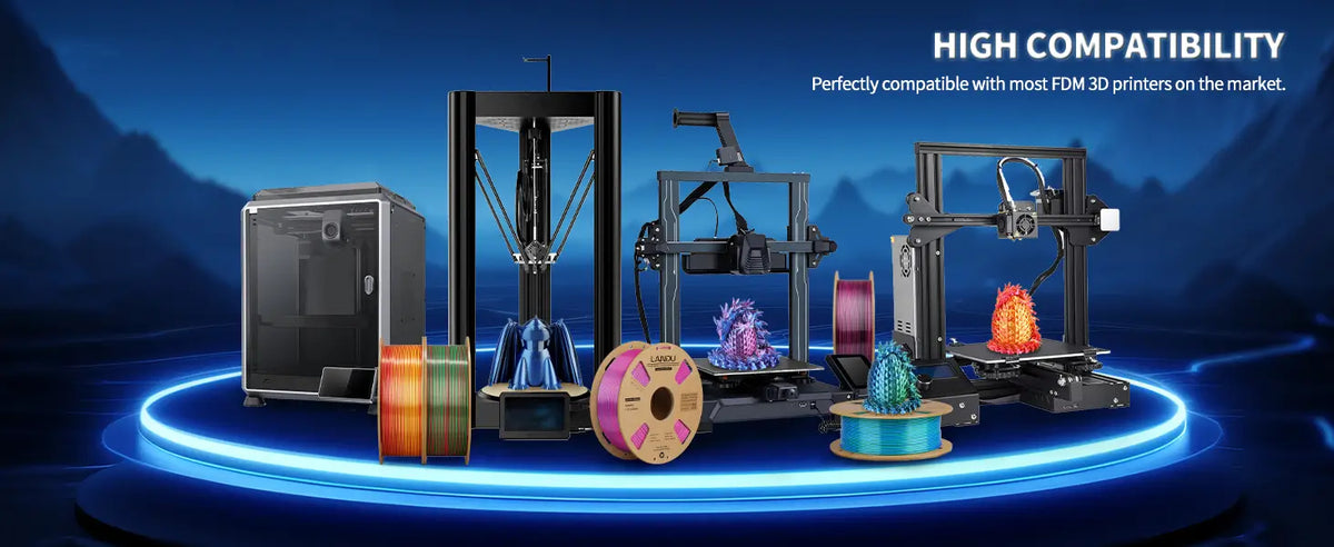 LANDU Dual Color Silk PLA filament demonstrating perfect compatibility and excellent print quality across various popular FDM 3D printers on the market.