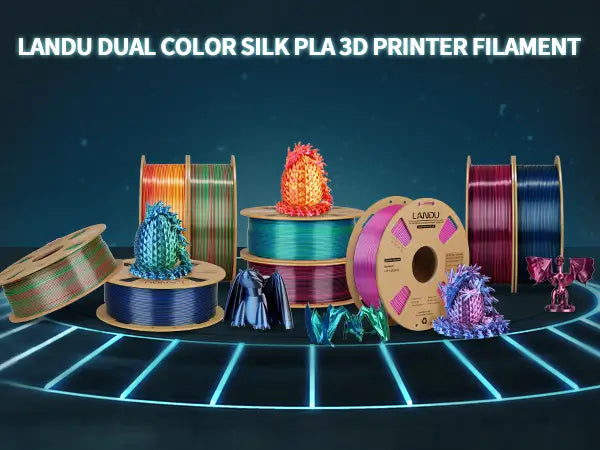 LANDU Dual Color Silk PLA 3D printer filament spools showcasing vibrant printed dragons and eggs on a futuristic background.