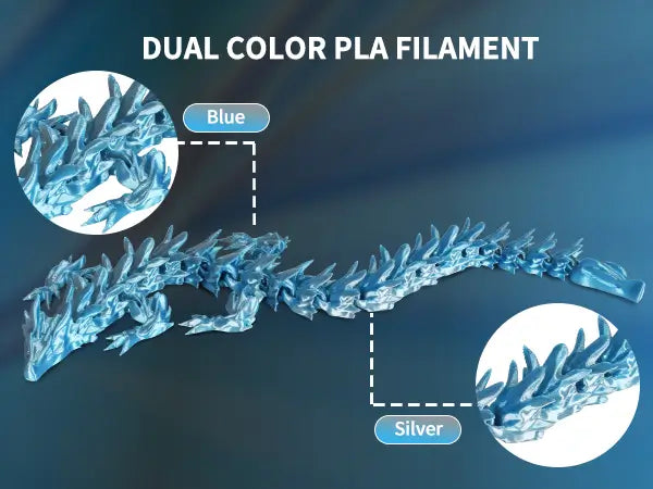 Close-up of a 3D printed articulated dragon highlighting the unique color-shifting effect of LANDU Blue and Silver Dual Color Silk PLA filament.