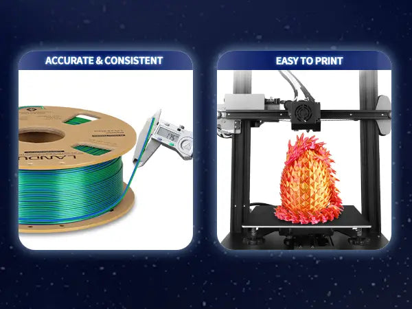 Digital caliper confirming 1.75mm accuracy of LANDU Dual Color Silk PLA filament alongside a 3D printer smoothly producing a dragon egg.