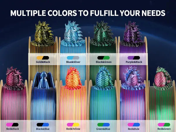 A wide selection of LANDU Dual Color Silk PLA filament spools featuring unique combinations like red and black for creative 3D printing.