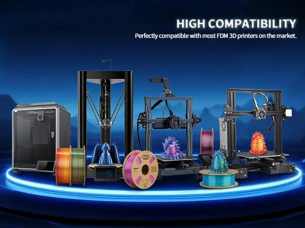 LANDU Dual Color Silk PLA filament demonstrating perfect compatibility and excellent print quality across various popular FDM 3D printers on the market.