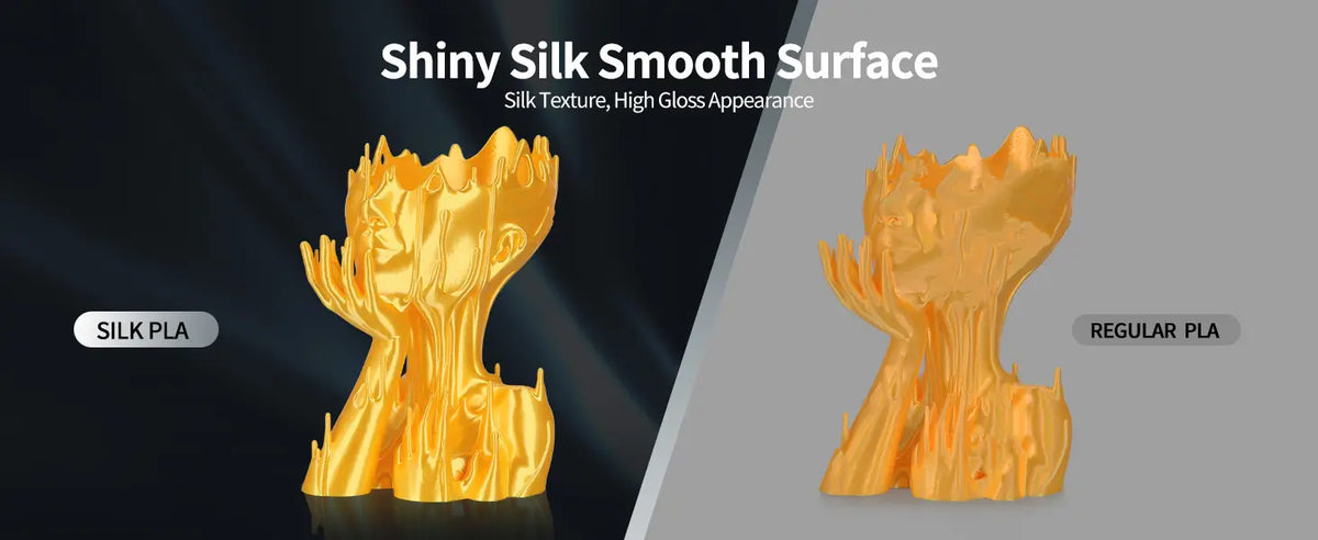 Comparison of a 3D printed gold vase showing the high gloss finish of LANDU Silk PLA versus regular PLA.