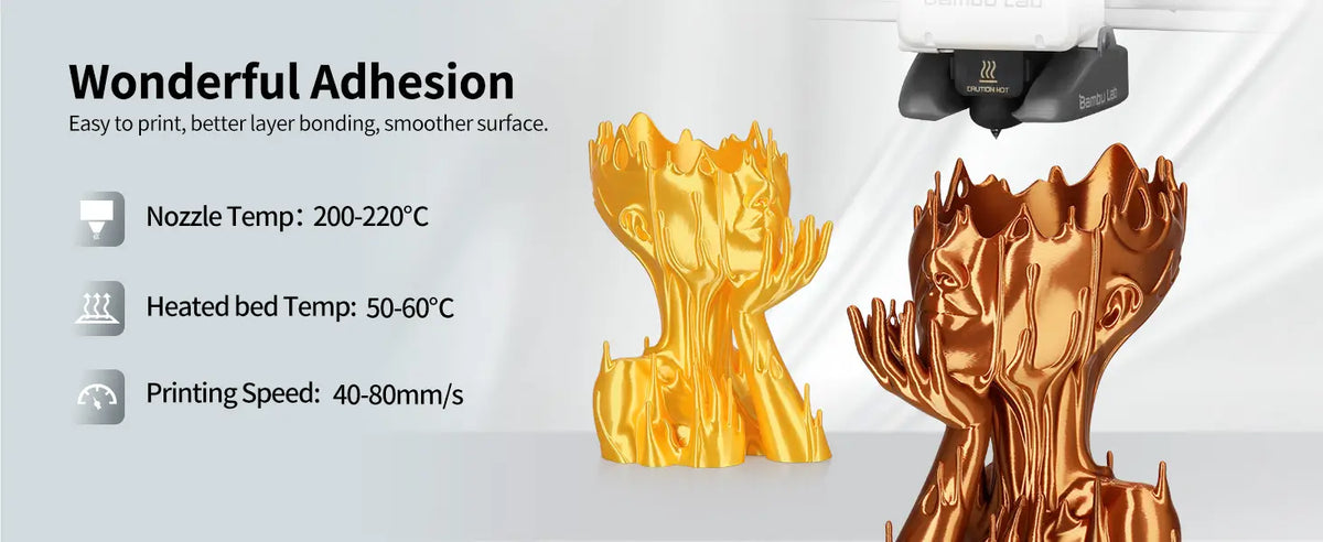 3D printer producing shiny gold and copper vases with LANDU Silk PLA, highlighting excellent layer adhesion and recommended print settings.