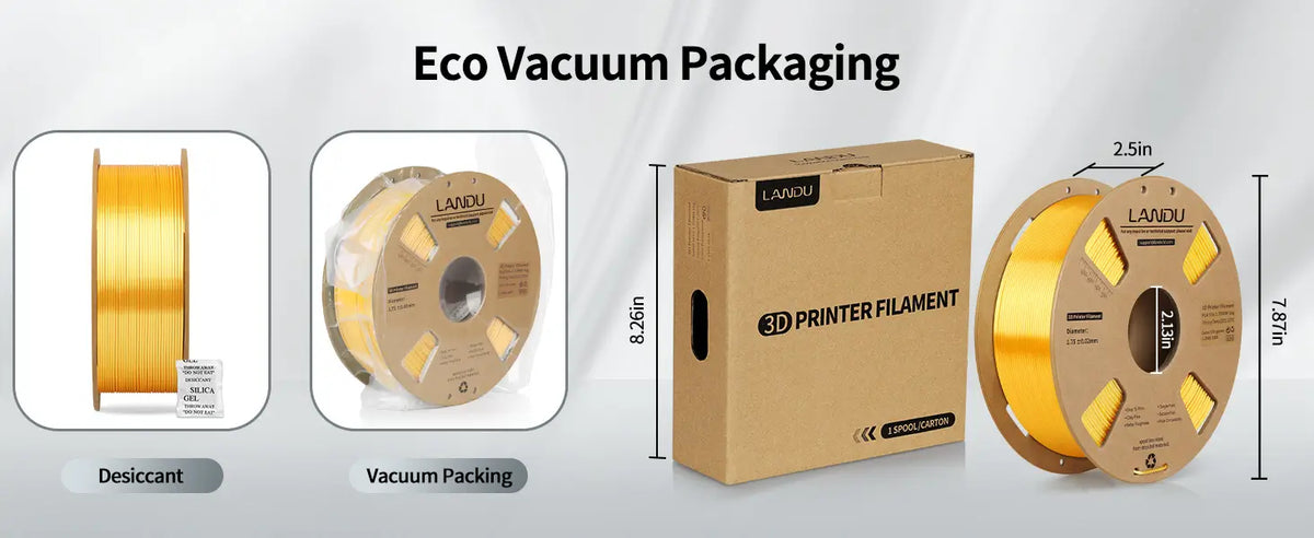 Eco-friendly vacuum packaging for LANDU Silk PLA filament including a desiccant pack and recyclable cardboard box with dimensions.