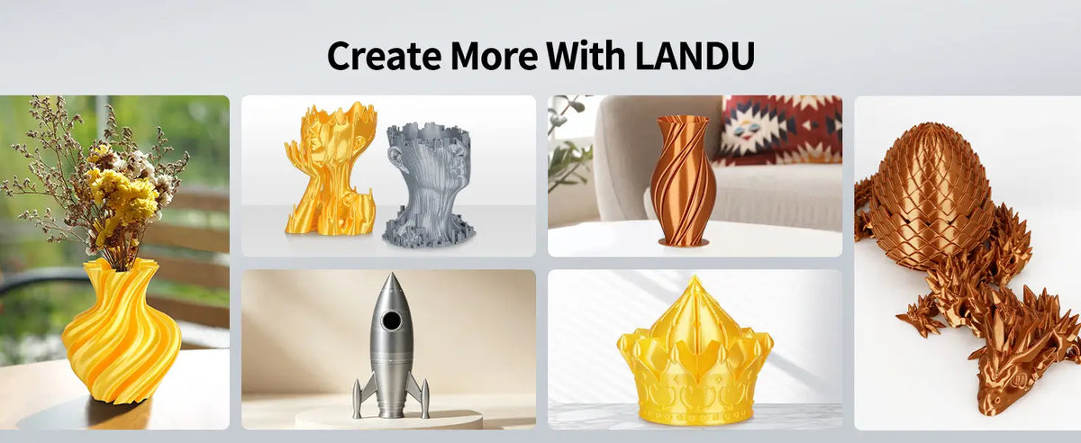 Gallery of creative 3D printed models including glossy vases, a rocket, and a crown made with LANDU Silk PLA filament.