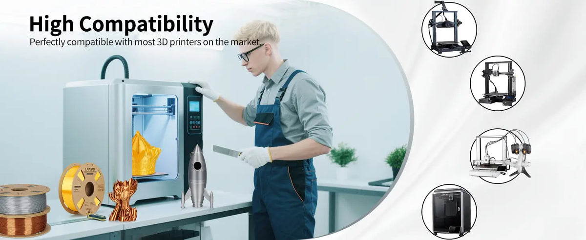 Technician operating a 3D printer with LANDU Silk PLA, demonstrating high compatibility with various FDM 3D printers on the market.