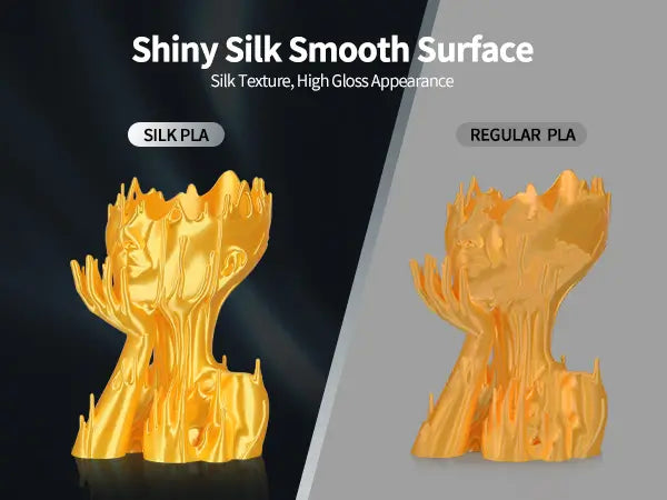 Comparison of a 3D printed gold vase showing the high gloss finish of LANDU Silk PLA versus regular PLA.