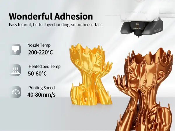 3D printer producing shiny gold and copper vases with LANDU Silk PLA, highlighting excellent layer adhesion and recommended print settings.
