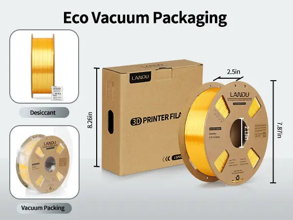 Eco-friendly vacuum packaging for LANDU Silk PLA filament including a desiccant pack and recyclable cardboard box with dimensions.