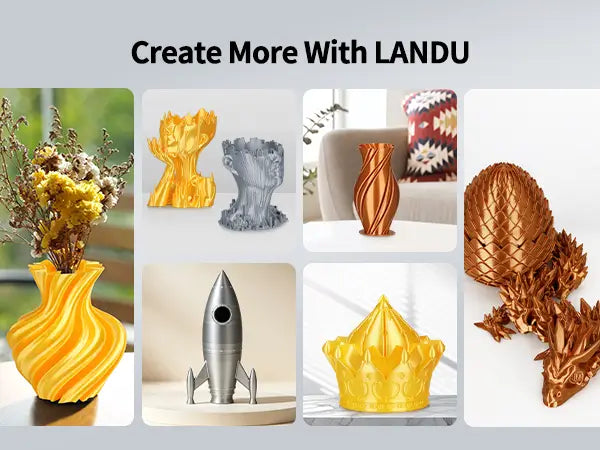 Gallery of creative 3D printed models including glossy vases, a rocket, and a crown made with LANDU Silk PLA filament.