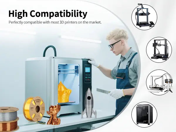 Technician operating a 3D printer with LANDU Silk PLA, demonstrating high compatibility with various FDM 3D printers on the market.