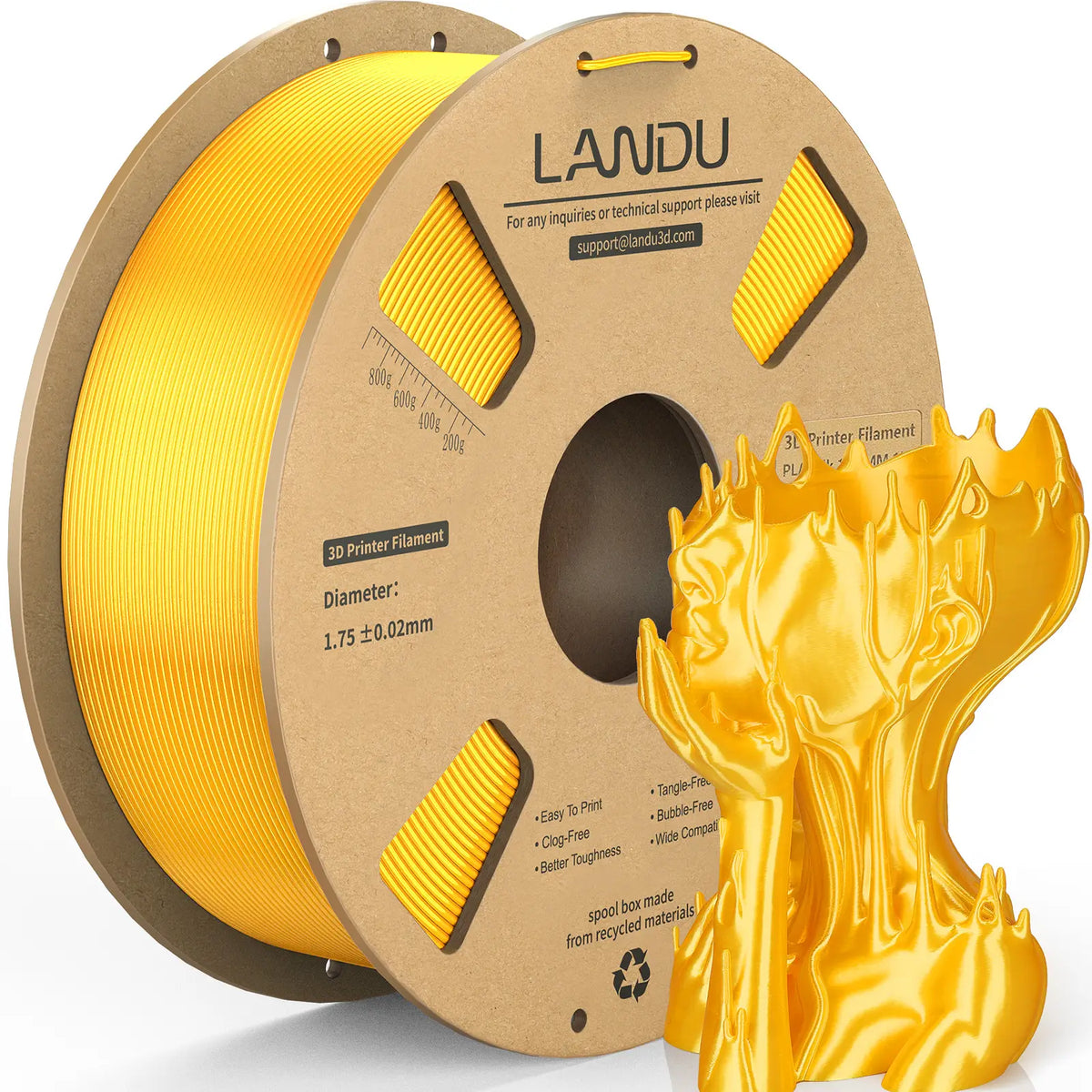 LANDU Golden Silk PLA 3D printer filament 1kg spool next to a highly reflective and flawless 3D printed golden face vase.