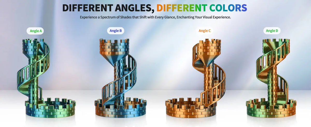 Four views of a 3D printed spiral castle demonstrating how LANDU Tri Color Silk PLA shifts into different colors from different angles.