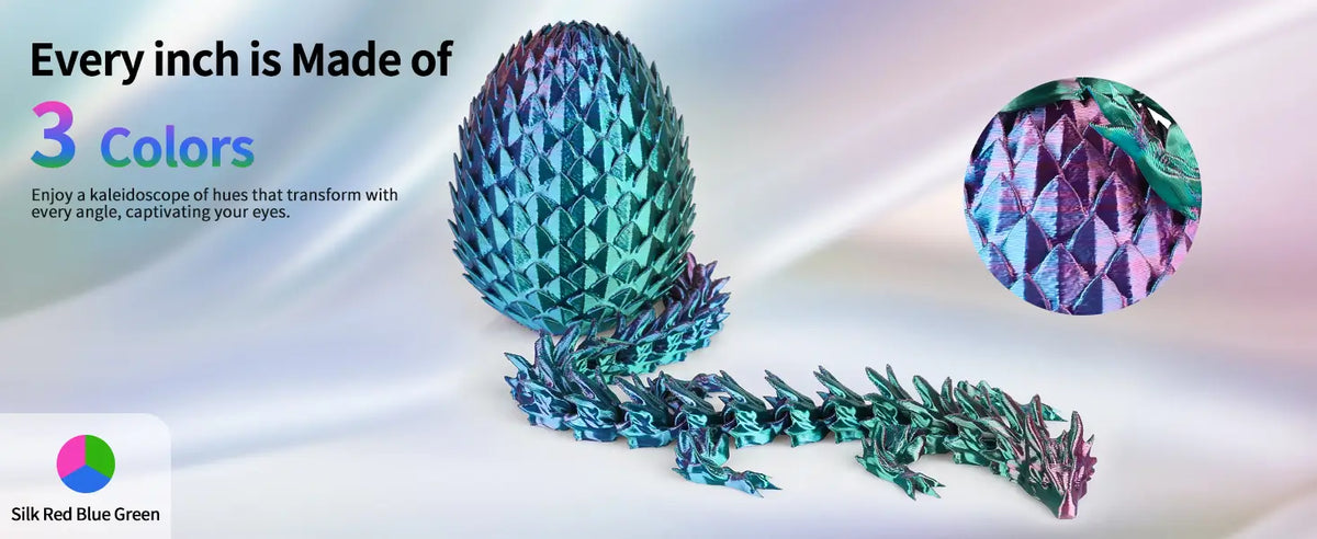 3D printed dragon and egg model made with LANDU Silk Red Blue Green Tri Color filament highlighting the captivating color transformation.