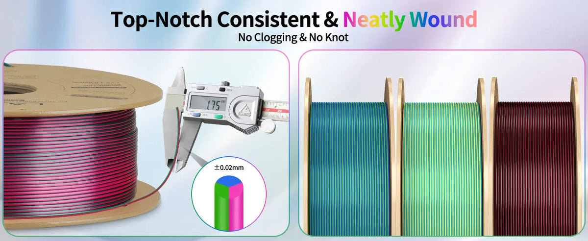 Digital caliper measuring 1.75mm accuracy on neatly wound spools of LANDU Tri Color Silk PLA filament to ensure no clogging or knots.