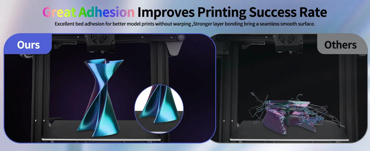 Comparison of a successful 3D printed vase with seamless smooth surface using LANDU Tri Color PLA versus a failed print with poor adhesion.