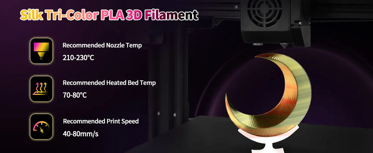 3D printer producing a tri-color crescent moon with recommended settings for LANDU Silk Tri-Color PLA including nozzle temperature and print speed.