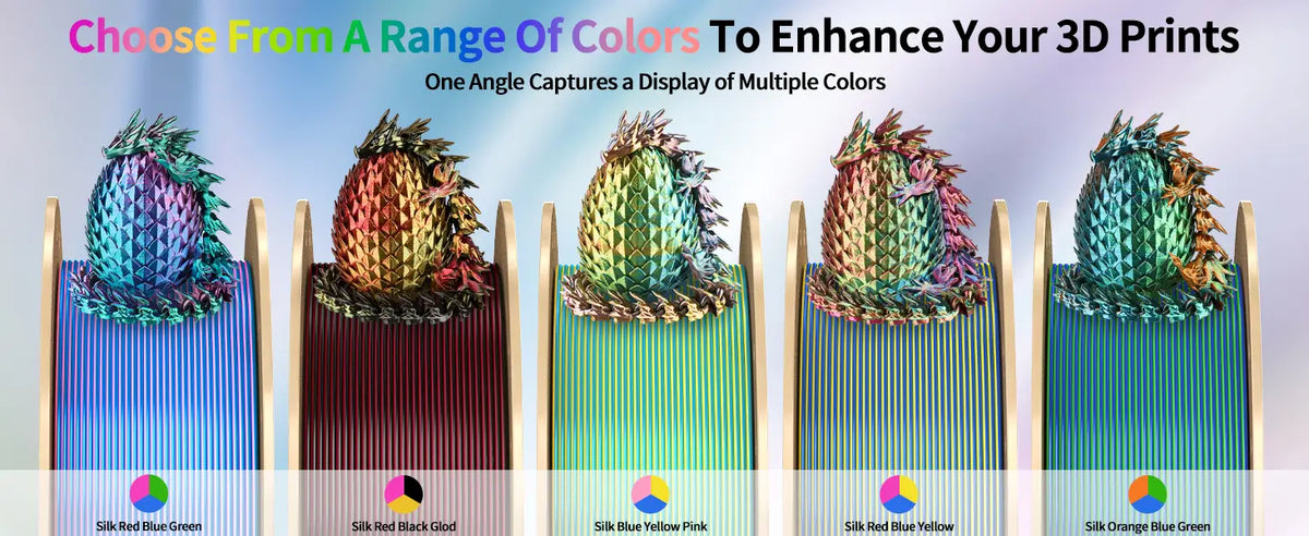 A wide selection of LANDU Tri Color Silk PLA filament spools featuring combinations like Red Black Gold and Blue Yellow Pink to enhance 3D prints.
