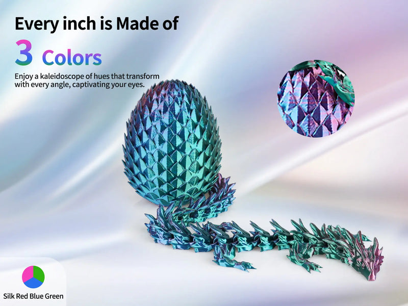 3D printed dragon and egg model made with LANDU Silk Red Blue Green Tri Color filament highlighting the captivating color transformation.