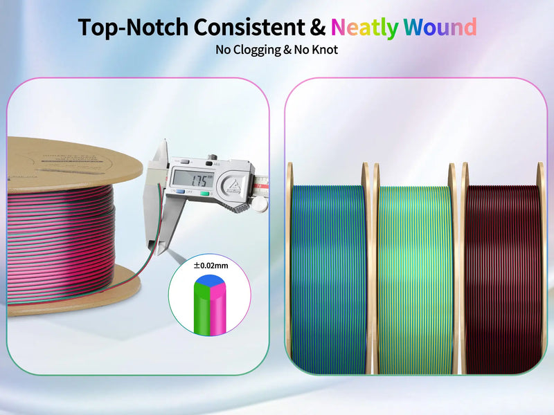 Digital caliper measuring 1.75mm accuracy on neatly wound spools of LANDU Tri Color Silk PLA filament to ensure no clogging or knots.